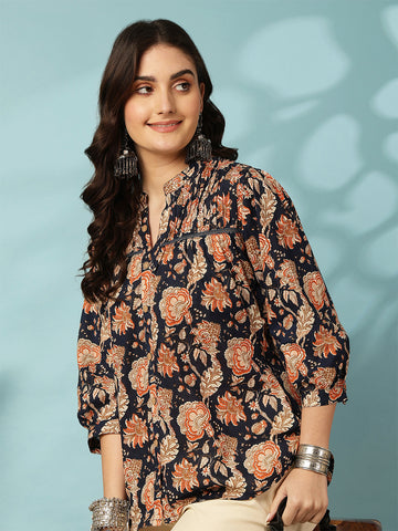 Blue Women Printed 3/4 Sleeves Regular Pure Cotton Top