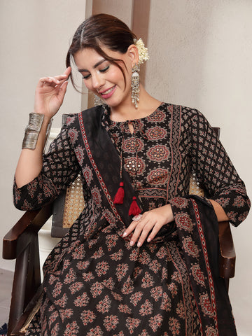 Black Cotton Calf Length Printed 3/4 Sleeve Key Hole Neck Flared Kurta Suit Set