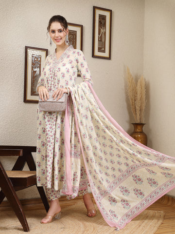 Purple Cotton Calf Length Printed Flared 3/4 Sleeves V Neck Kurta Suit Set