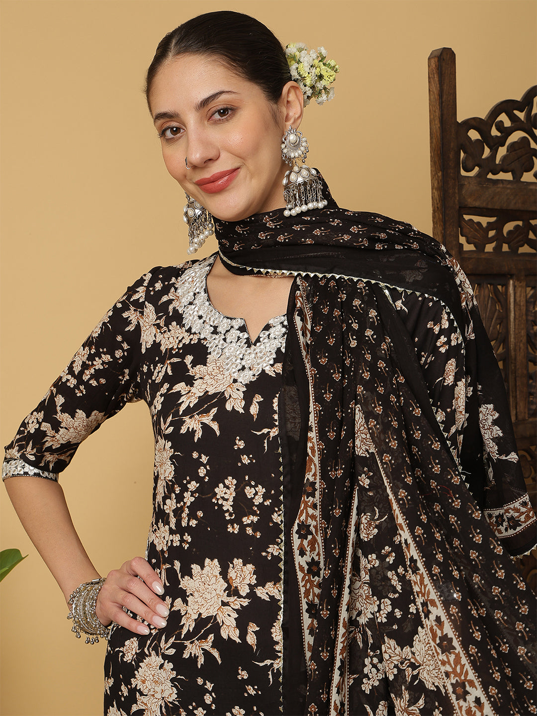 Black Cotton Calf Length Printed 3/4 Sleeves Round Neck Straight Kurta Suit Set