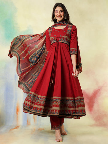 Maroon Cotton Calf Length Printed Embroidered A-Line 3/4 Sleeves Round Neck Kurta Suit Set