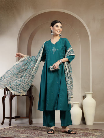 Teal Cotton Calf Length Solid 3/4 Sleeve V Neck A Line Kurta Suit Set