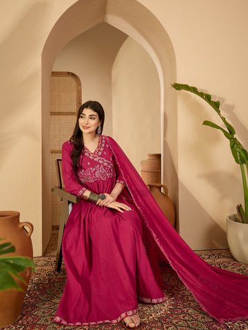 Rani Cotton Calf Length Solid 3/4 Sleeve V-Neck Anarkali Kurta Suit Set