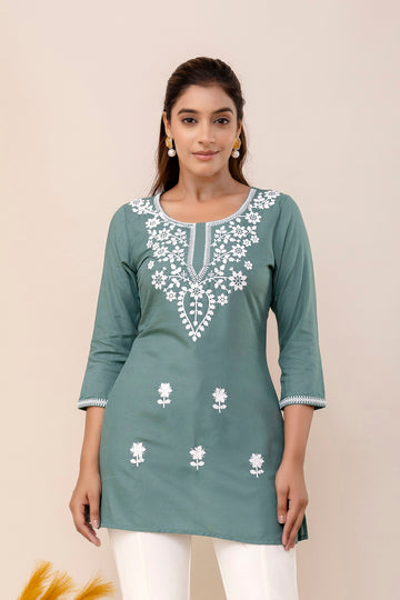 Grey Rayon Hip Length Round Neck A-Line Top