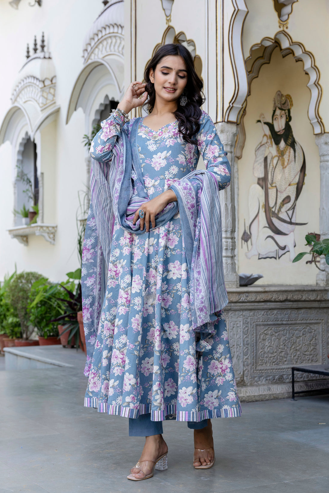 Blue Cotton Calf Length Printed Flared 3/4 Sleeves Sweetheart Neck Kurta Suit Set