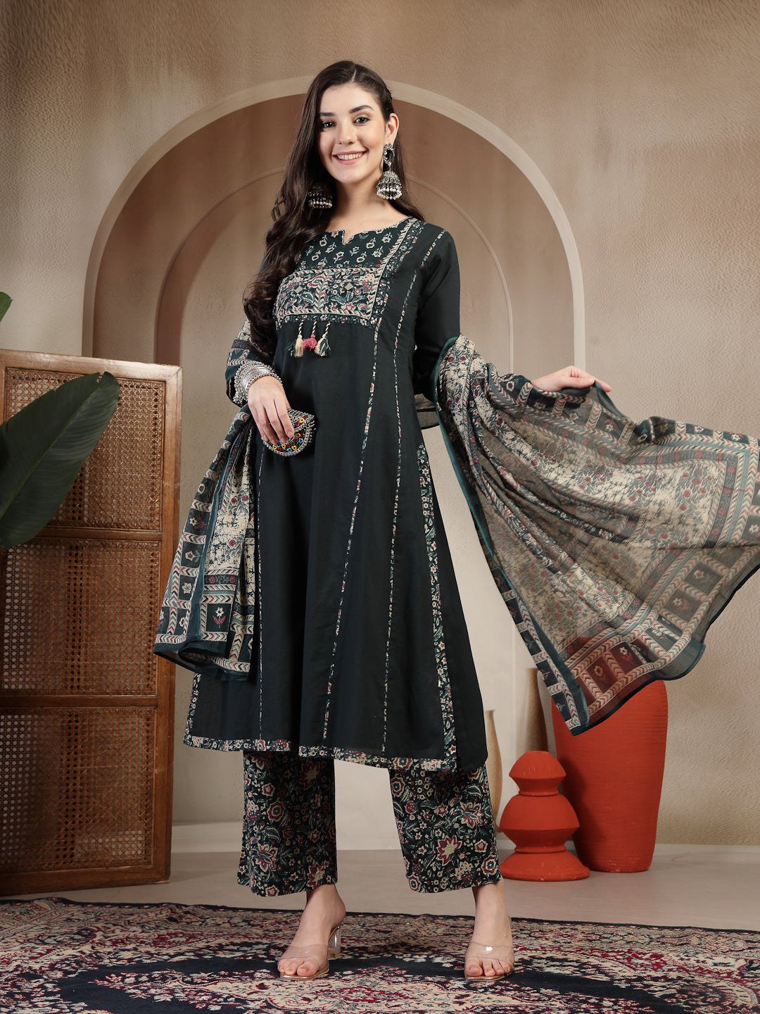 Teal Cotton Calf Length Solid 3/4 Sleeve Round Neck Straight Kurta Suit Set