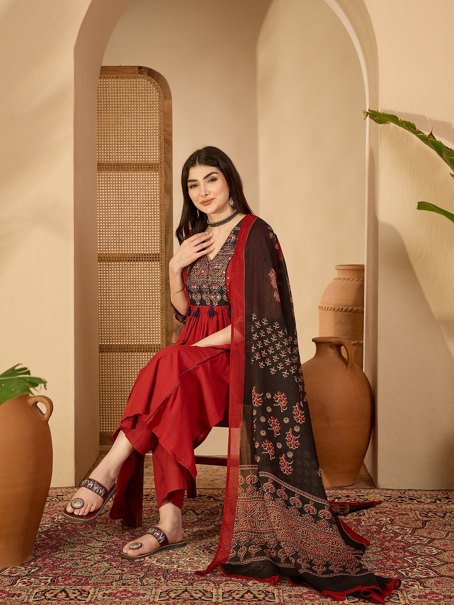 Red Rayon Calf Length Solid 3/4 Sleeve V-Neck Flared Kurta Suit Set