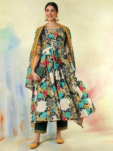 Green Cotton Flared Printed A-Line  3/4 Sleeves Round Neck Kurta Suit Set