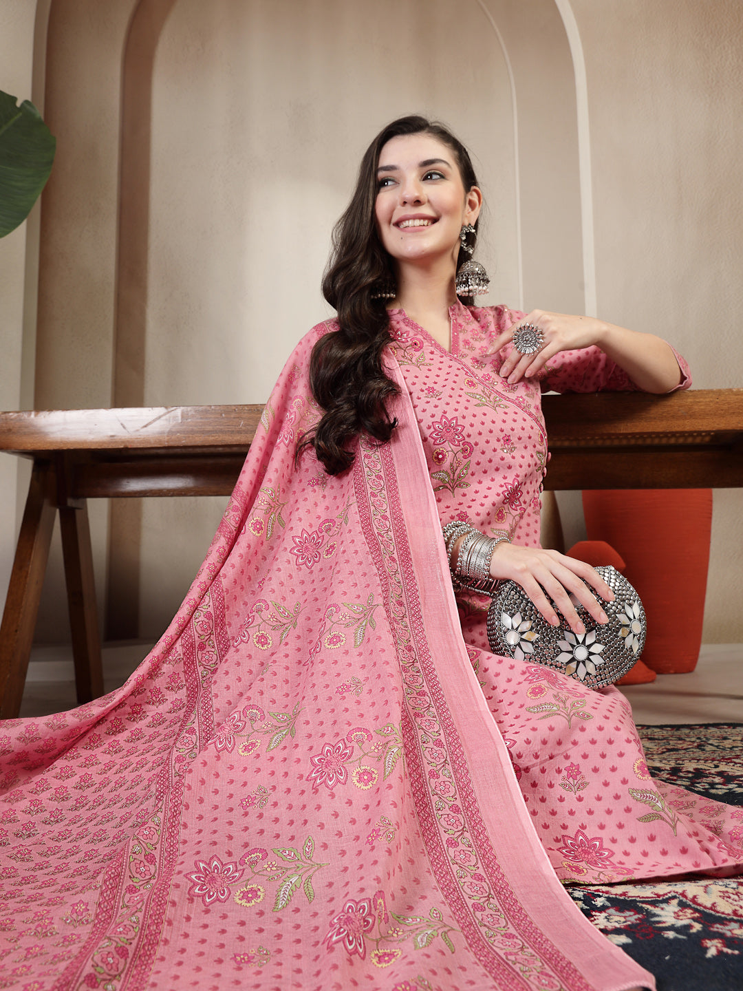 Pink Cotton Calf Length Printed 3/4 Sleeve Mandarin Collar Straight Kurta Suit Set