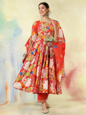 Red Cotton Flared Printed A-Line  3/4 Sleeves Round Neck Kurta Suit Set