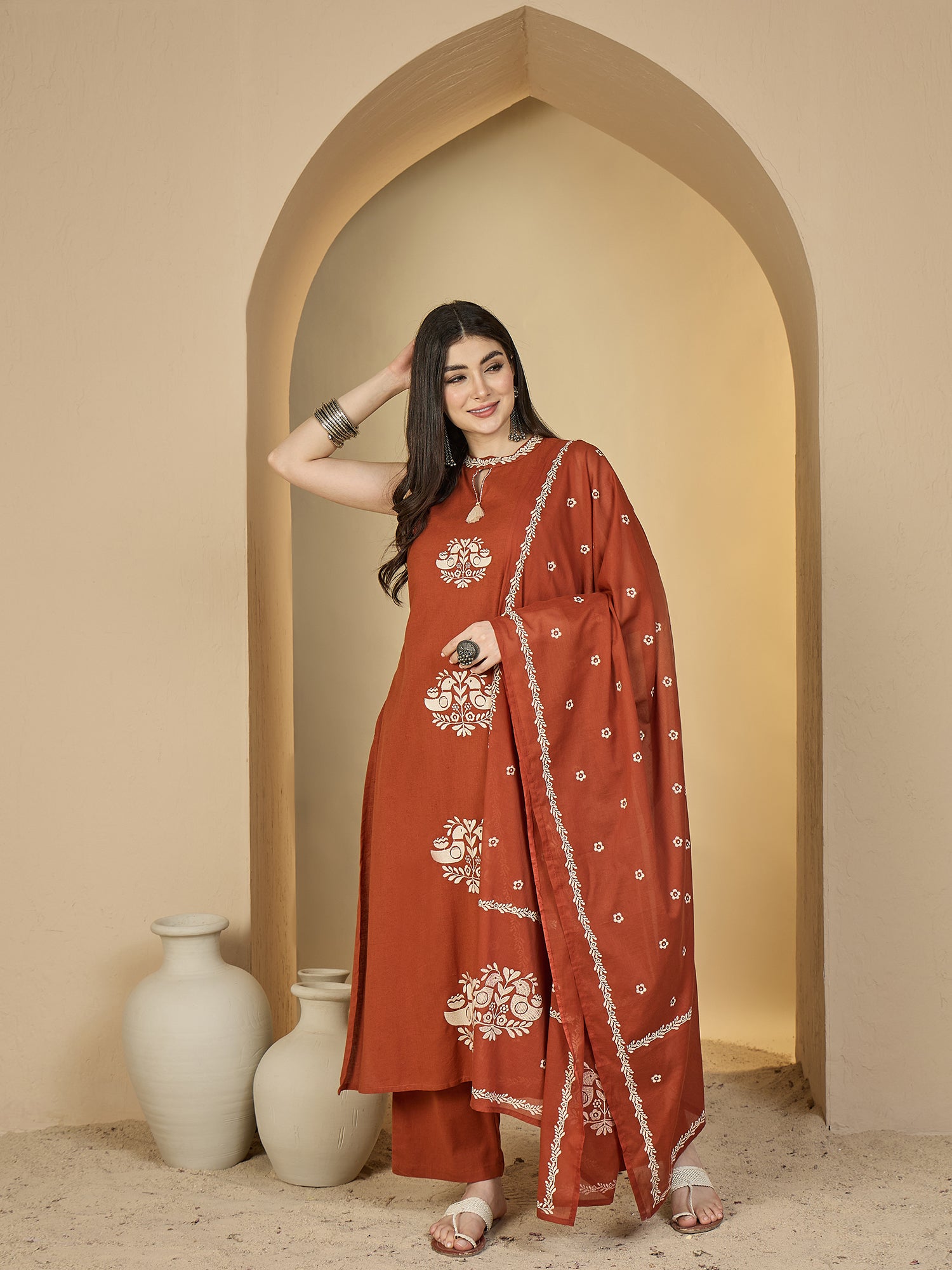 Rust Cotton Calf Length Solid Sleeveless Round Neck Straight Kurta Suit Set