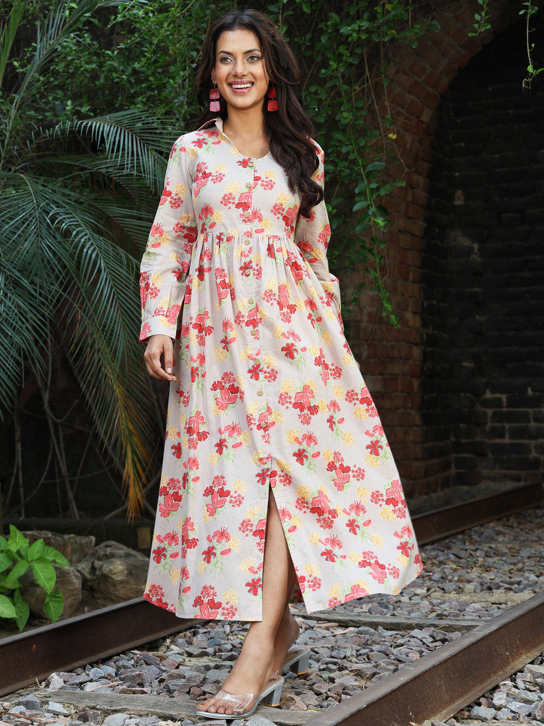 Beige Cotton Calf Length Printed A-Line Full Sleeves Coller Kurta