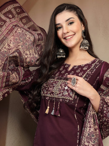 Wine Cotton Calf Length Solid 3/4 Sleeve Round Neck Straight Kurta Suit Set