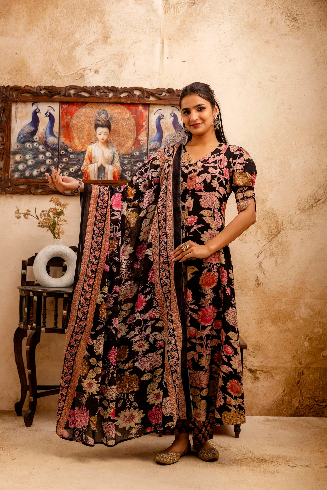 Black Cotton Calf Length Printed Flared 3/4 Sleeves V-Neck Kurta Suit Set