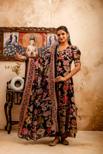 Black Cotton Calf Length Printed Flared 3/4 Sleeves V-Neck Kurta Suit Set