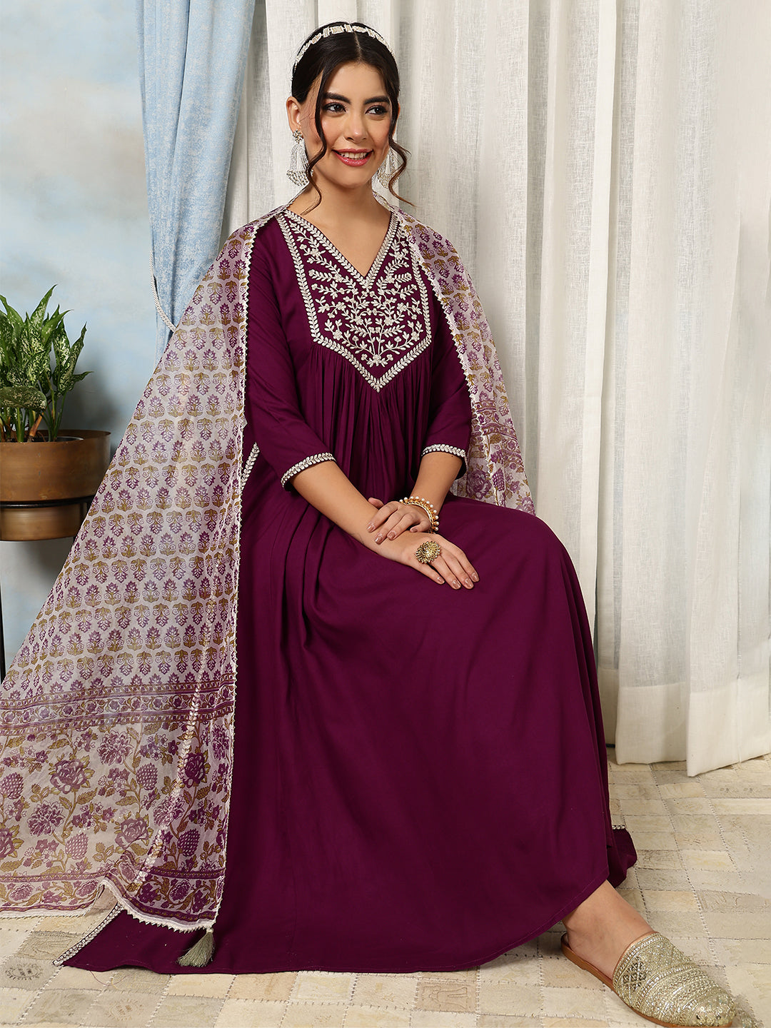 Purple Rayon Calf Length Solid Flared 3/4 Sleeves V-Neck Kurta Bottom Dupatta Set