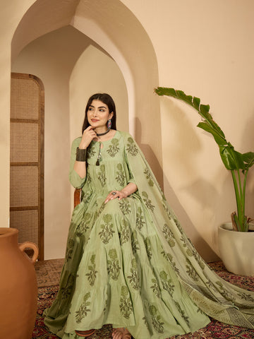 Green Cotton Calf Length Printed 3/4 Sleeve Key Hole Neck Anarkali Kurta Suit Set