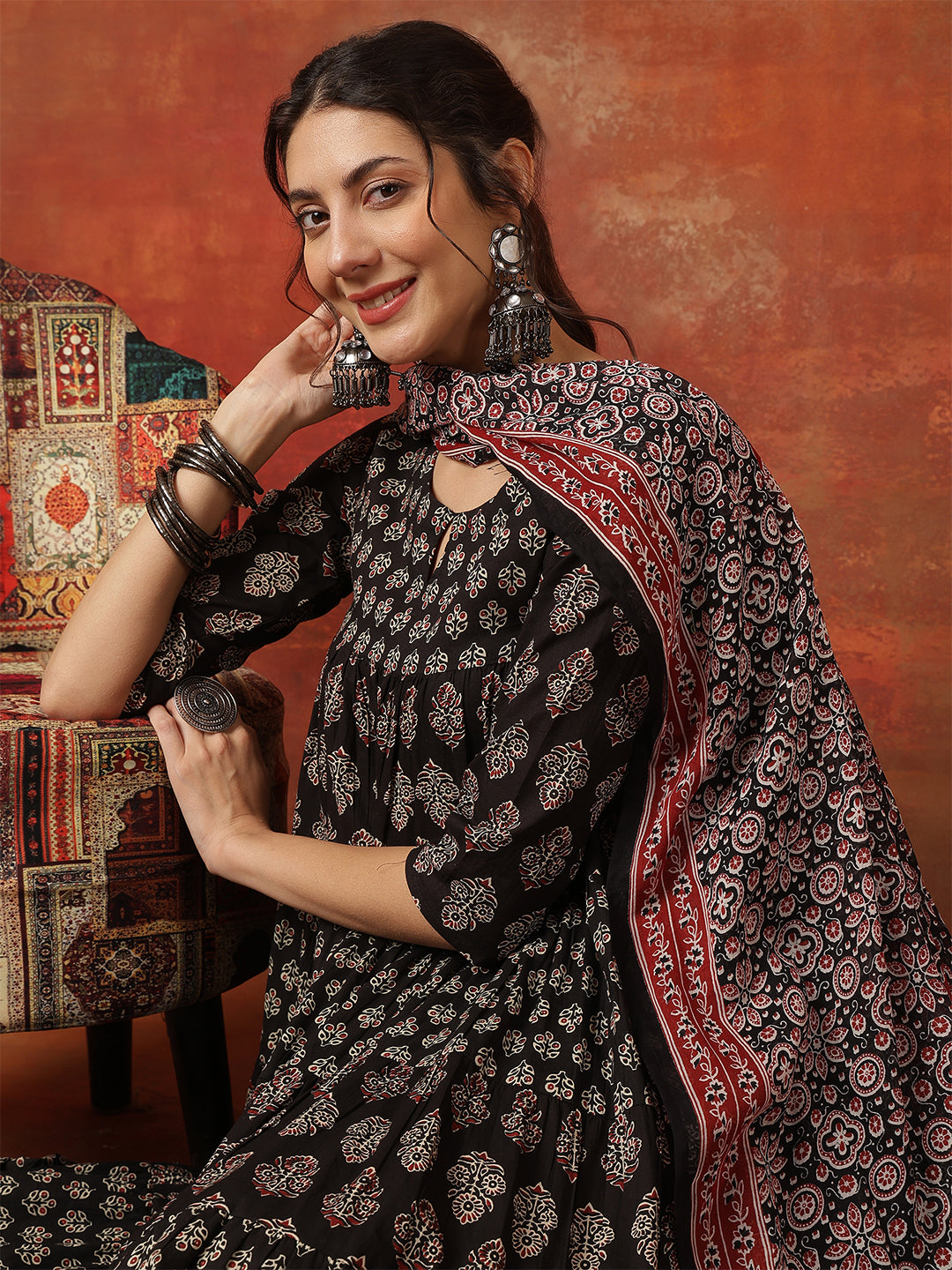 Black Cotton Calf Length Printed 3/4 Sleeves Key Hole Anarkali Kurta Suit Set