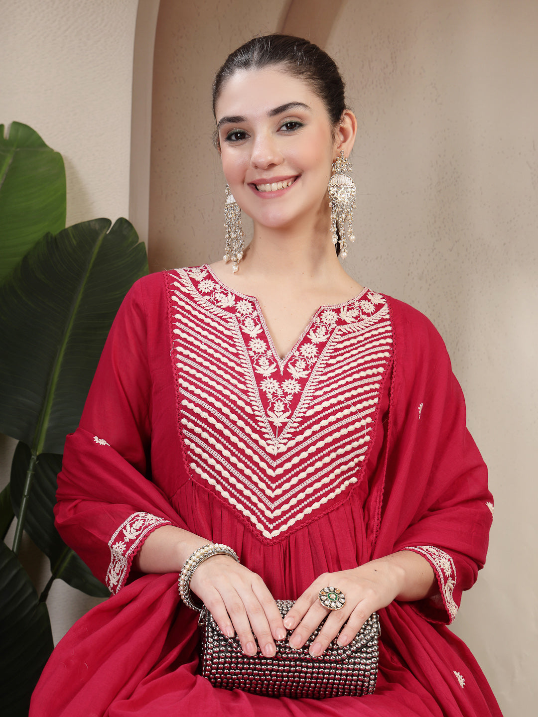 Coral Cotton Calf Length Solid 3/4 Sleeve Round Neck Flared Kurta Suit Set