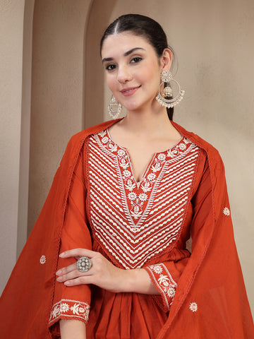 Rust Cotton Calf Length Solid 3/4 Sleeve Round Neck Flared Kurta Suit Set