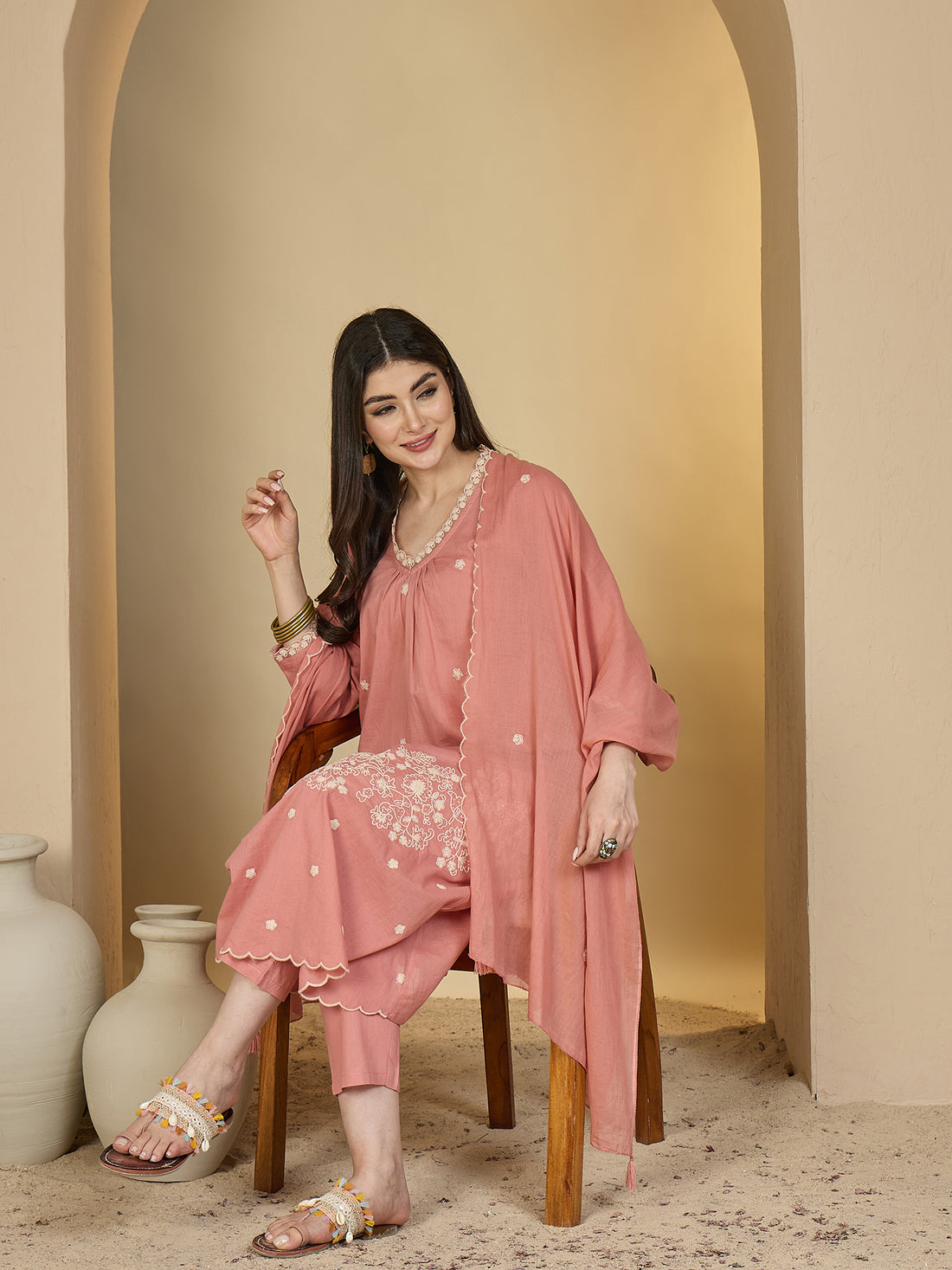 Peach Cotton Calf Length Solid 3/4 Sleeves V-Neck A-Line Kurta Suit Set
