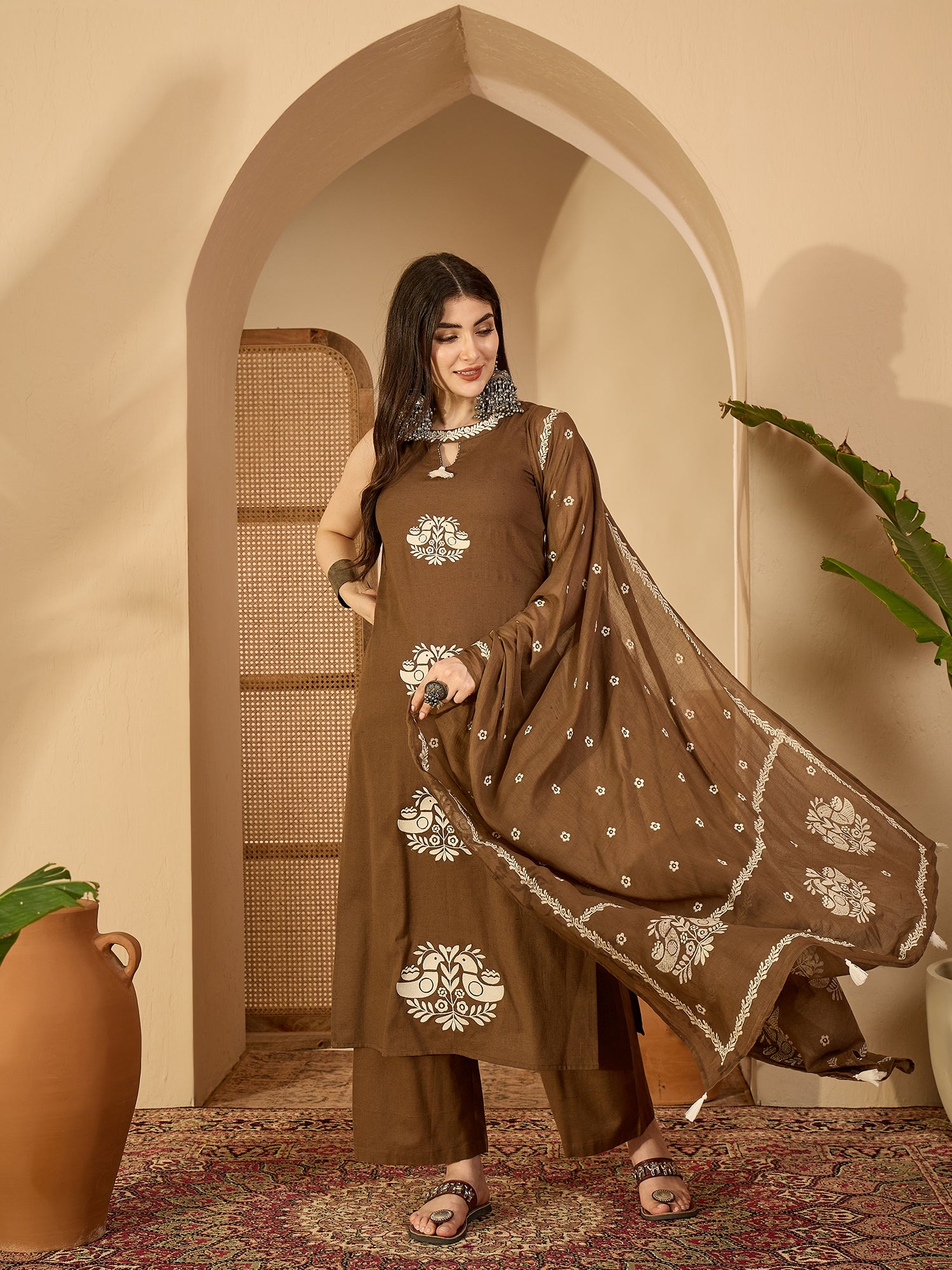 Brown Cotton Calf Length Printed Sleeveless Round Neck Straight Kurta Suit Set