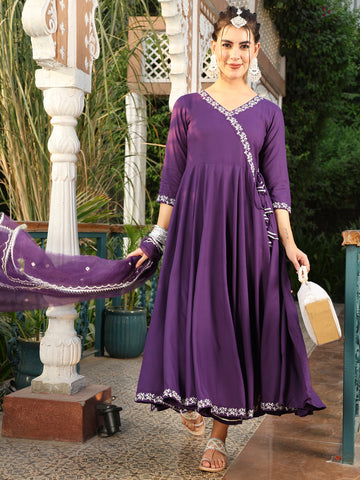 Purple Rayon Calf Length Printed Flared 3/4 Sleeves V-Neck Kurta Suit Set