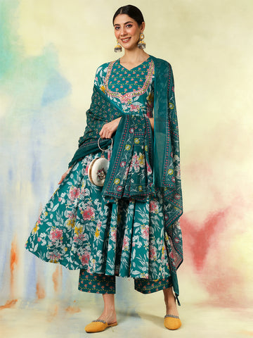 Teal Cotton Calf Length Printed & Embroidered Flared 3/4 Sleeves Sweet Heart Neck Kurta Suit Set