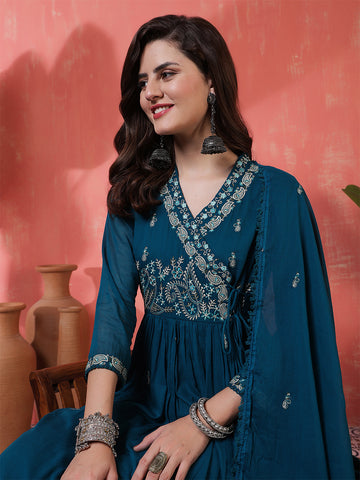 Teal Cotton Calf Length Printed 3/4 Sleeves Angrakha Anarkali Kurta Suit Set