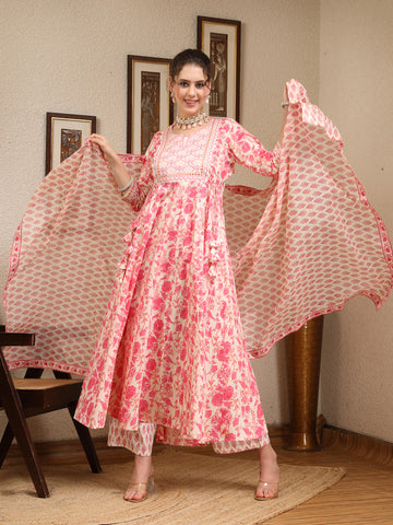 Pink Cotton Calf Length Printed Flared 3/4 Sleeves Round Kurta Suit Set