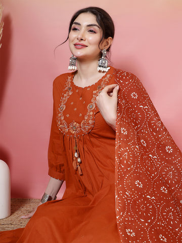 Rust Rayon Calf Length Solid 3/4 Sleeves Round Neck Flared Kurta Suit Set
