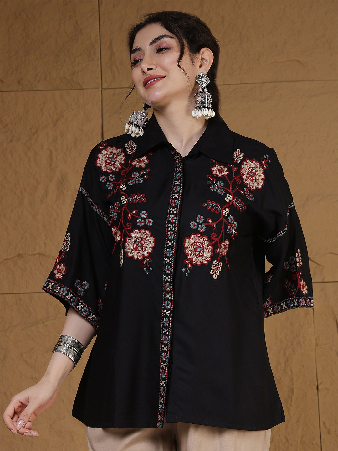 Black Rayon Hip Length Solid 3/4 Sleeves Shirt Collar Flared Top