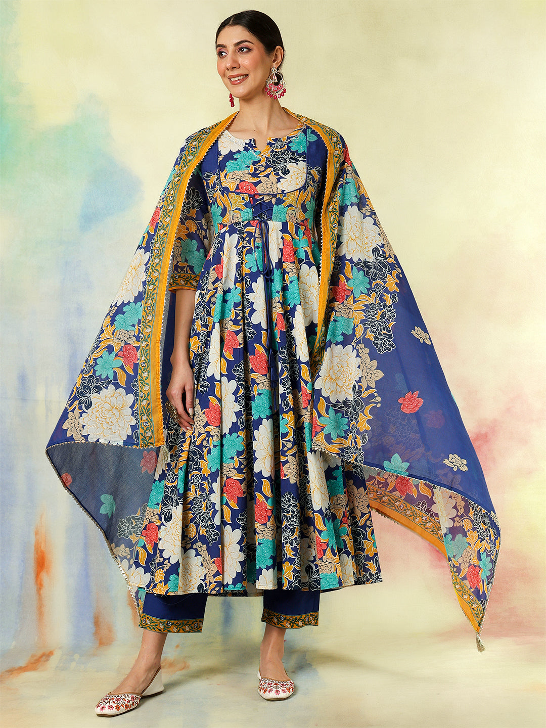 Blue Cotton Flared Printed A-Line  3/4 Sleeves Round Neck Kurta Suit Set