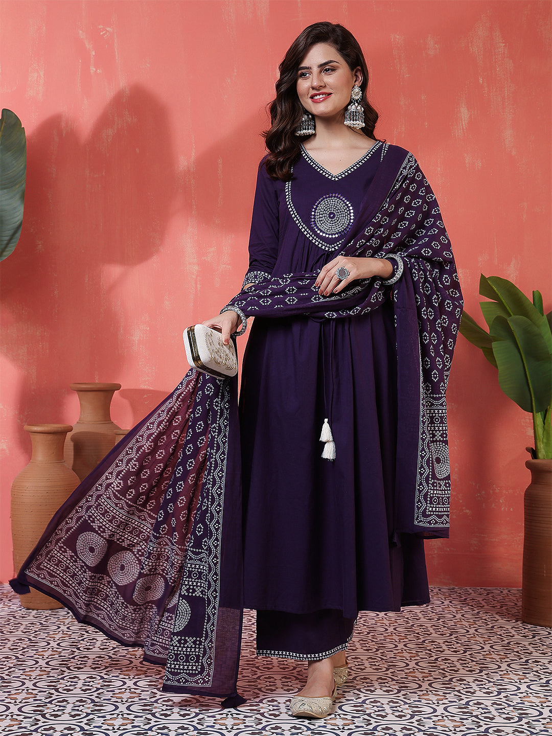 Purple Rayon Calf Length Solid 3/4 Sleeves V-Neck Semi-Flared Kurta Suit Set