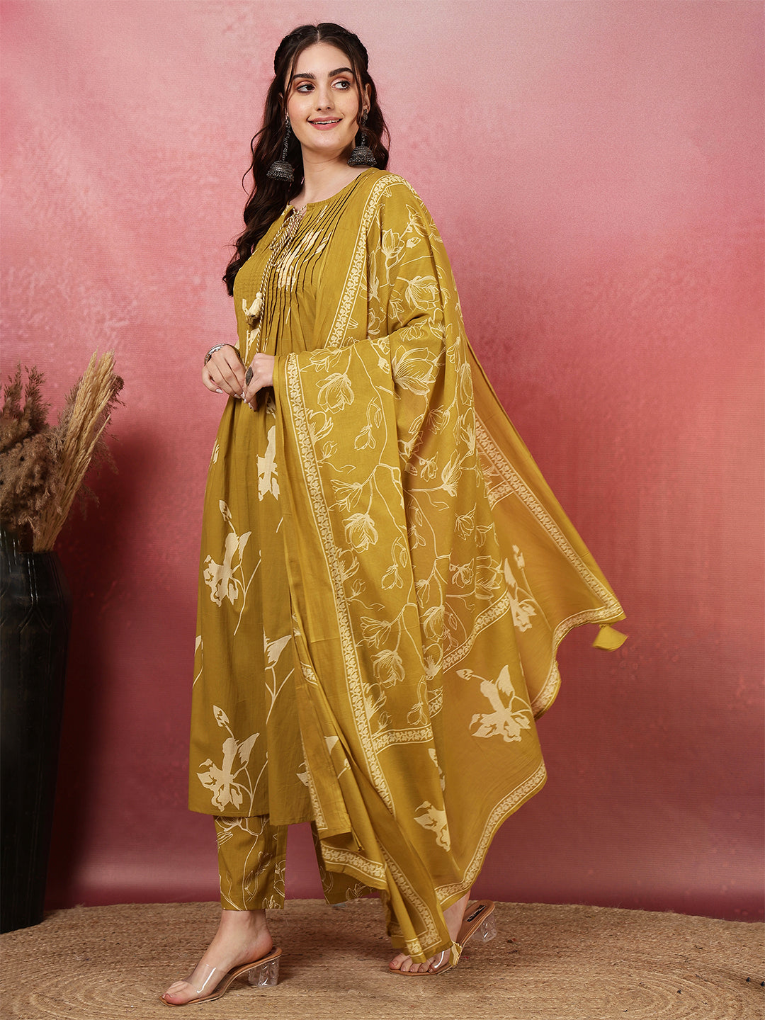 Mustard Women's Rayon Printed Calf Length Round Neck A-Line Kurta Suit Set