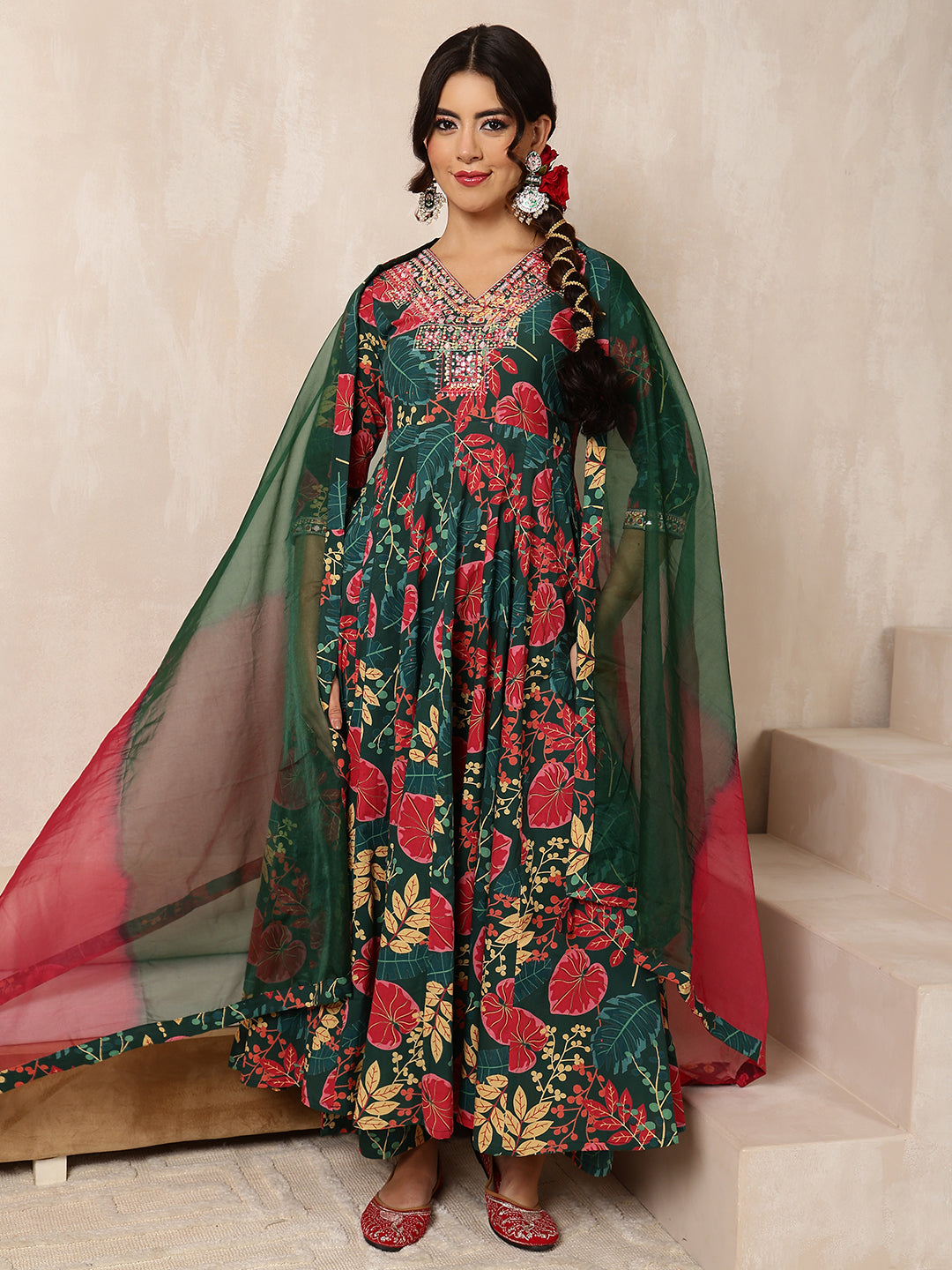 Green Cotton Calf Length Printed Flared 3/4 Sleeves V-Neck Kurta Bottom Dupatta Set