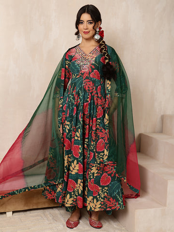 Green Cotton Calf Length Printed Flared 3/4 Sleeves V-Neck Kurta Bottom Dupatta Set
