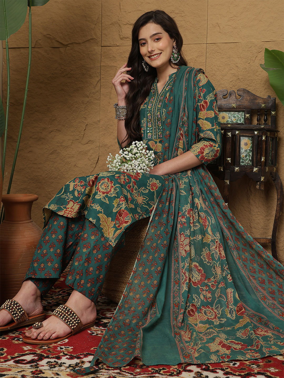 Teal Cotton Calf Length Printed 3/4 Sleeves Mandarin Collar Straight Kurta Suit Set