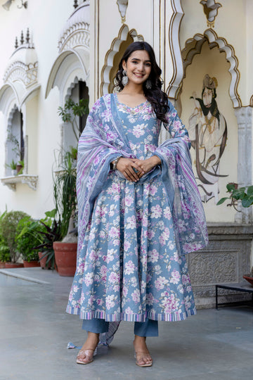 Blue Cotton Calf Length Printed Flared 3/4 Sleeves Sweetheart Neck Kurta Suit Set