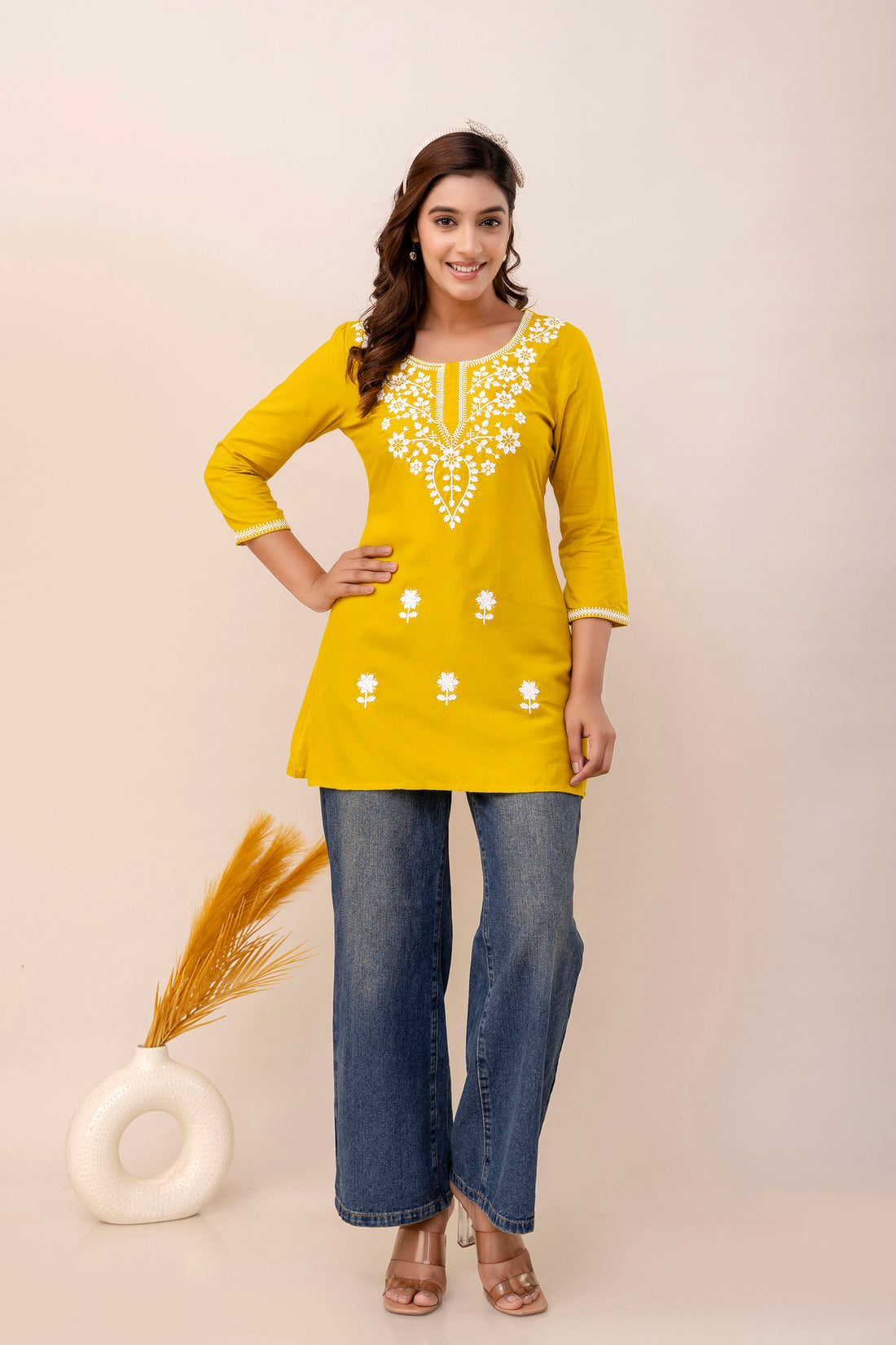 Yellow Rayon Hip Length Round Neck A-Line Top
