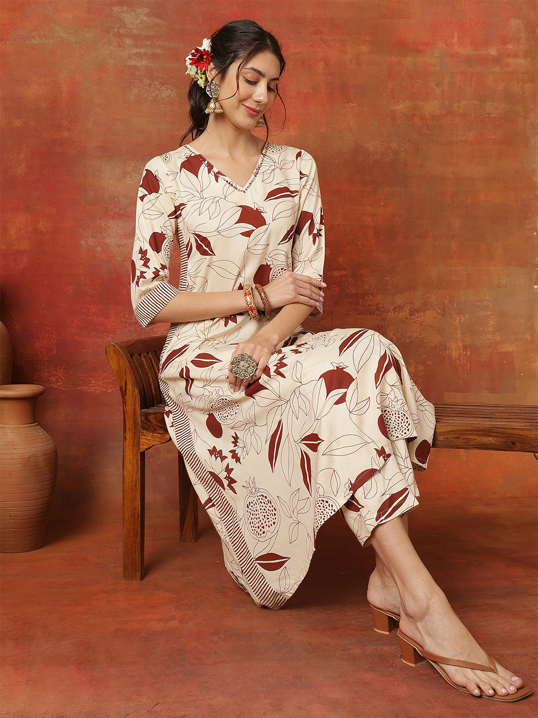 Maroon Rayon Calf Length Printed 3/4 Sleeves V-Neck Straight Kurta Suit Set