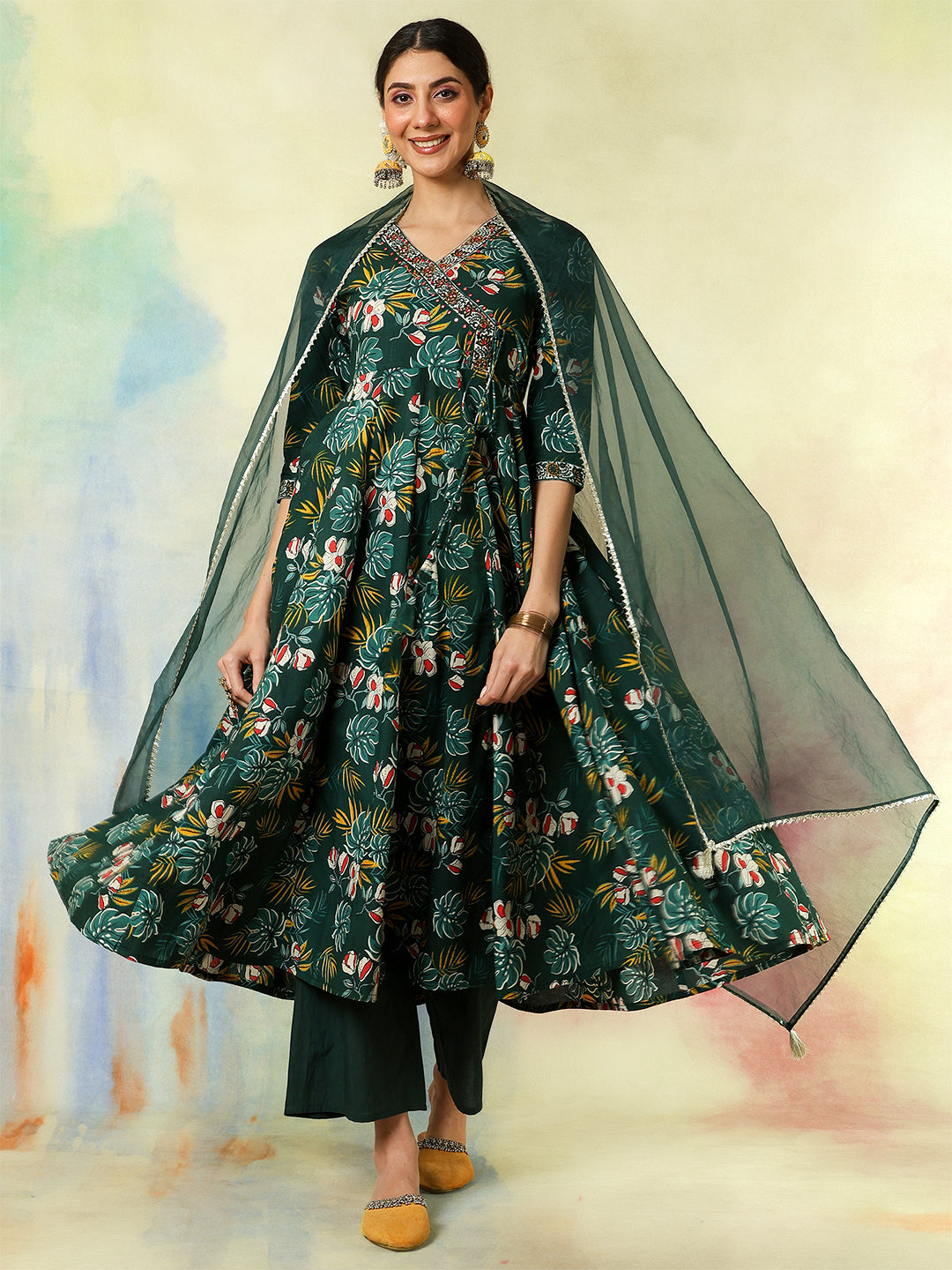 Green Cotton Calf Length Printed Embroidered 3/4 Sleeves V-Neck Kurta Suit Set