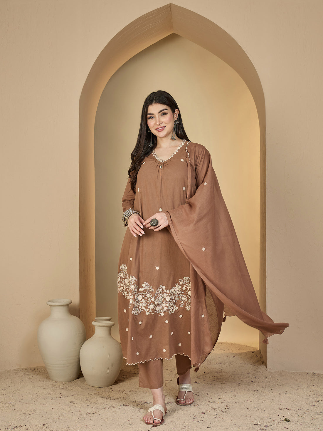 Brown Cotton Calf Length Solid 3/4 Sleeves V-Neck A-Line Kurta Suit Set