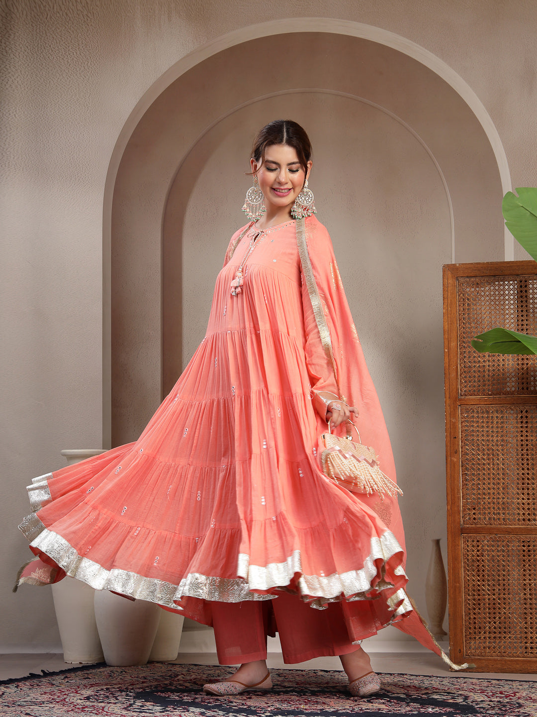 Peach Malmal Calf Length Solid Full Sleeve Key Hole Neck Anarkali Kurta Suit Set