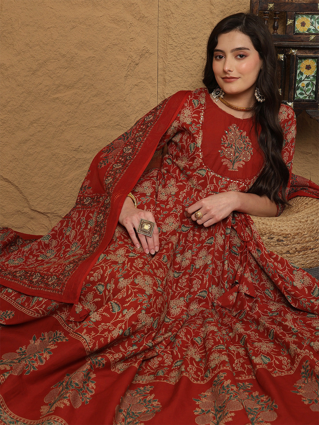 Maroon Cotton Calf Length Printed 3/4 Sleeves Round Neck Anarkali Kurta Suit Set