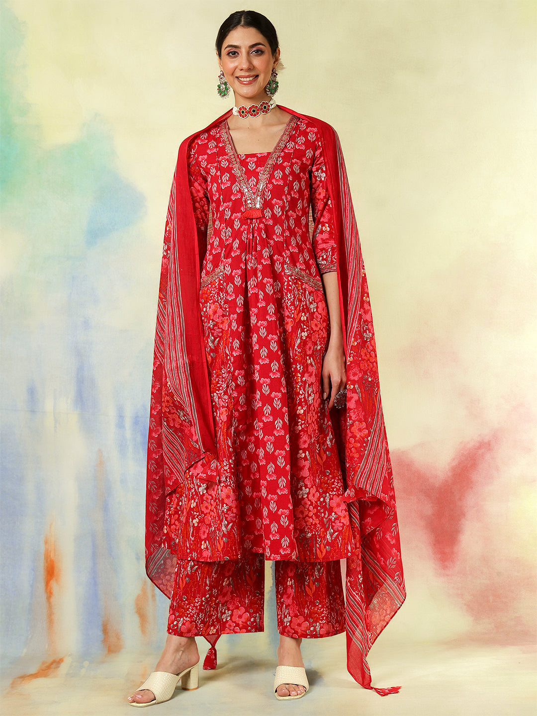 Red Cotton Calf Length Embroidered Printed A-Line  3/4 Sleeves V-Neck Kurta Suit Set
