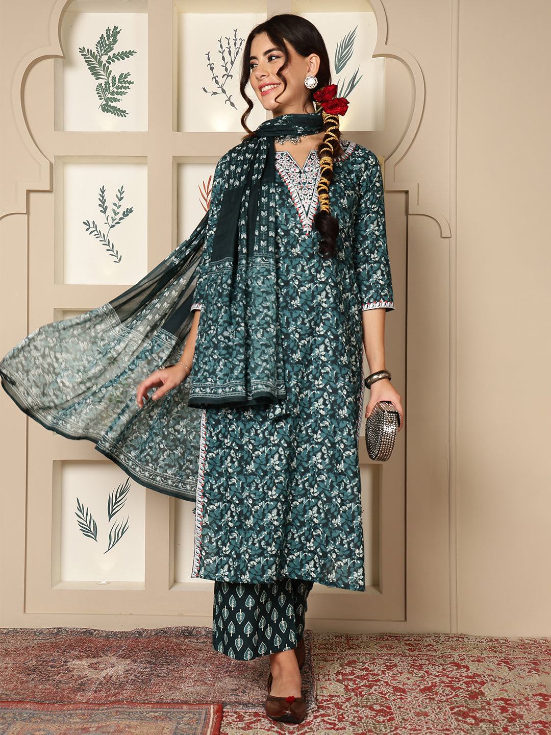 Green Cotton Calf Length Printed Straight 3/4 Sleeves V-Neck Kurta Bottom Dupatta Set