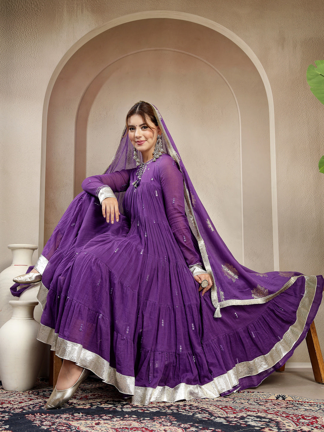 Purple Malmal Calf Length Solid Full Sleeve Key Hole Neck Anarkali Kurta Suit Set