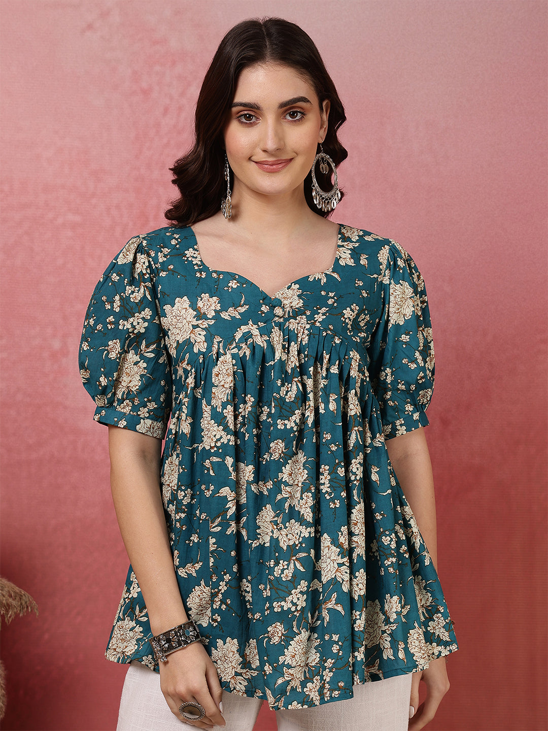 Teal Women Printed Short sleeve Regular Pure Cotton Top