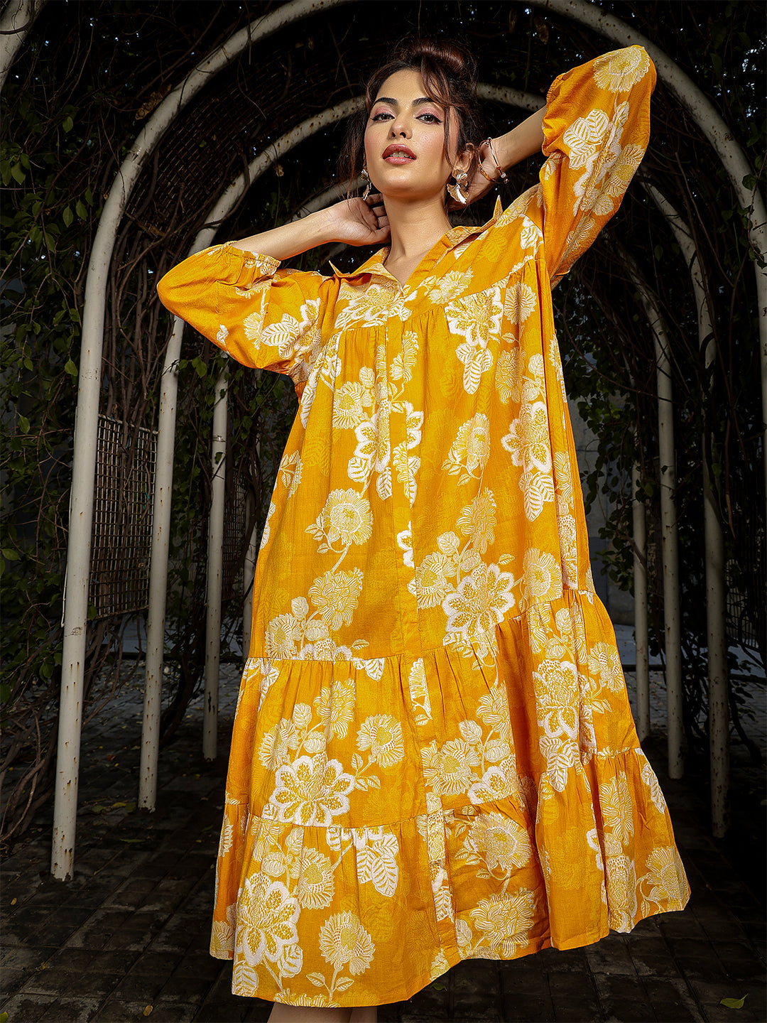 Yellow Cotton Knee Length Printed 3/4 Sleeve Shirt Collar Flared Dress